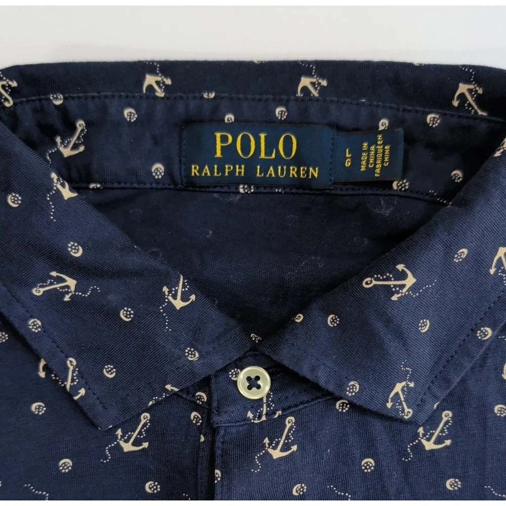 Ralph Lauren Polo Shirt Mens Large Navy Anchor Print Pocket R67 Nautical Preppy